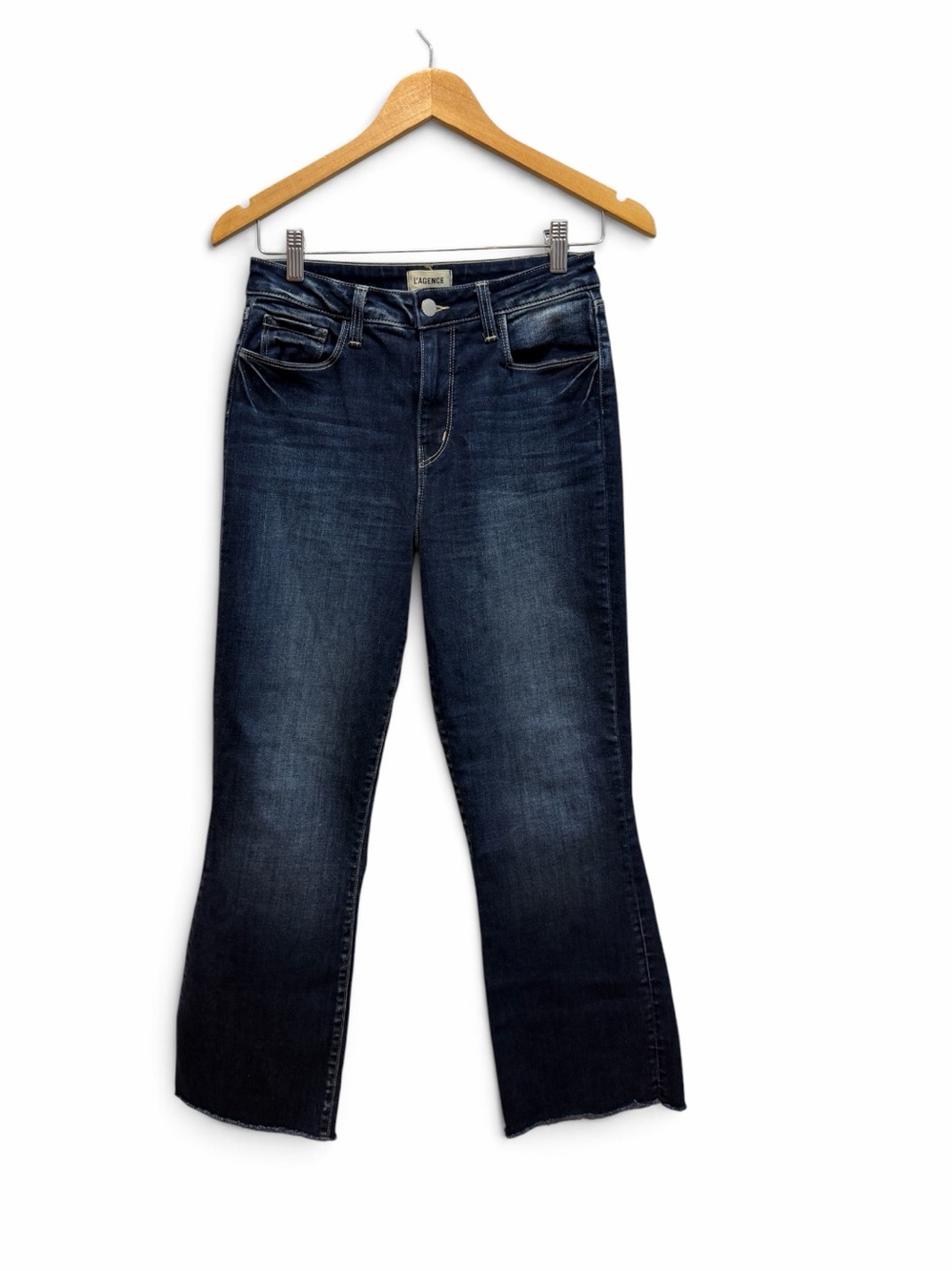L'AGENCE Kendra High Rise Cropped Flare Boho Minimalist Raw Hem Dark Wash Sz 27